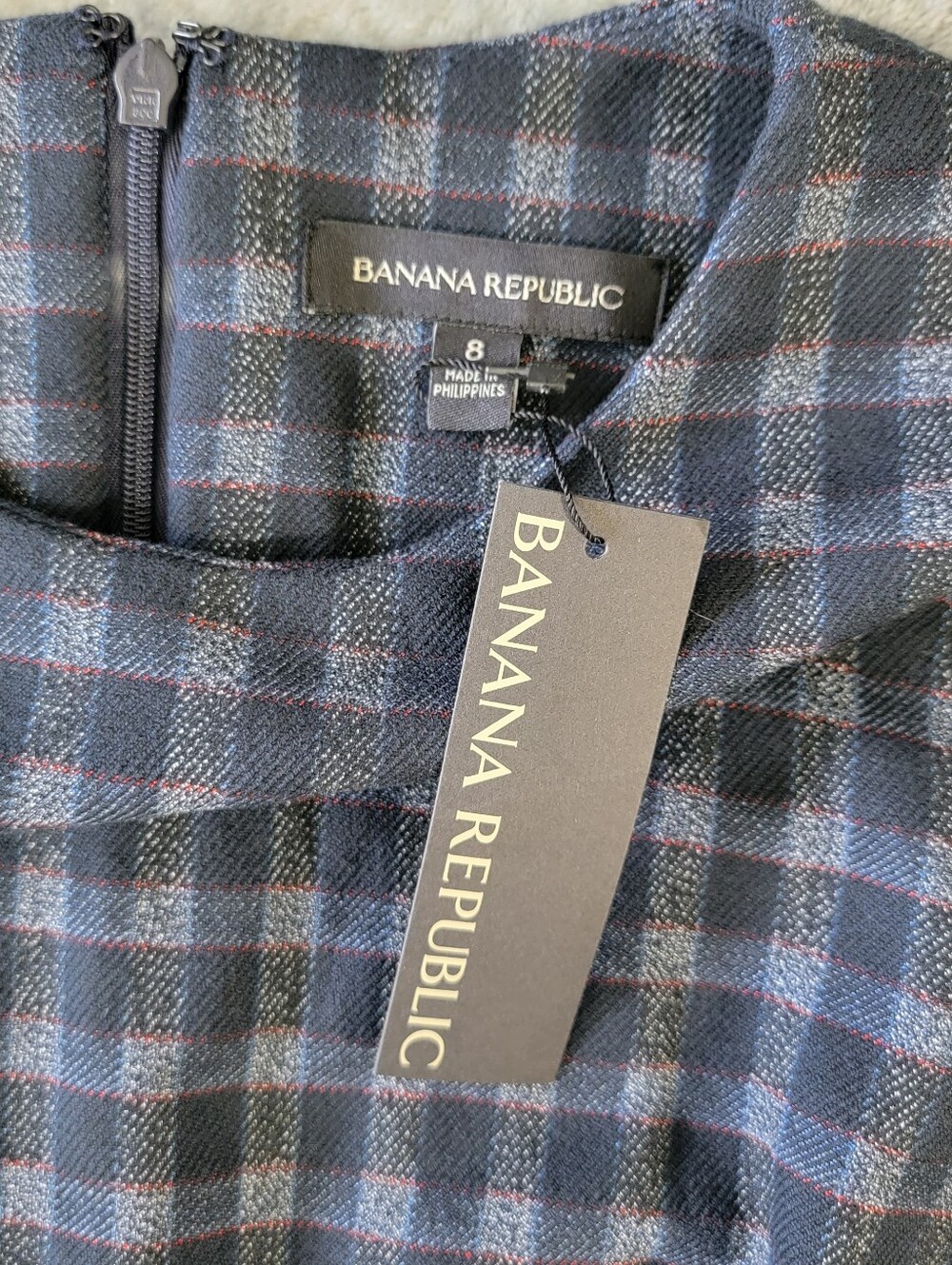 Banana Republic Blue Gray Plaid Tweed Sheath Slit Short Sleeve Midi Dress Sz 8 - Picture 9 of 12